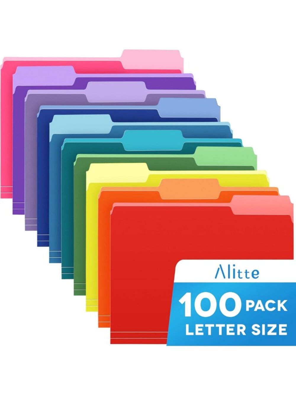100-Pack Assorted Colored File Folders - Letter Size, 1/3 Cut Tabs for Office